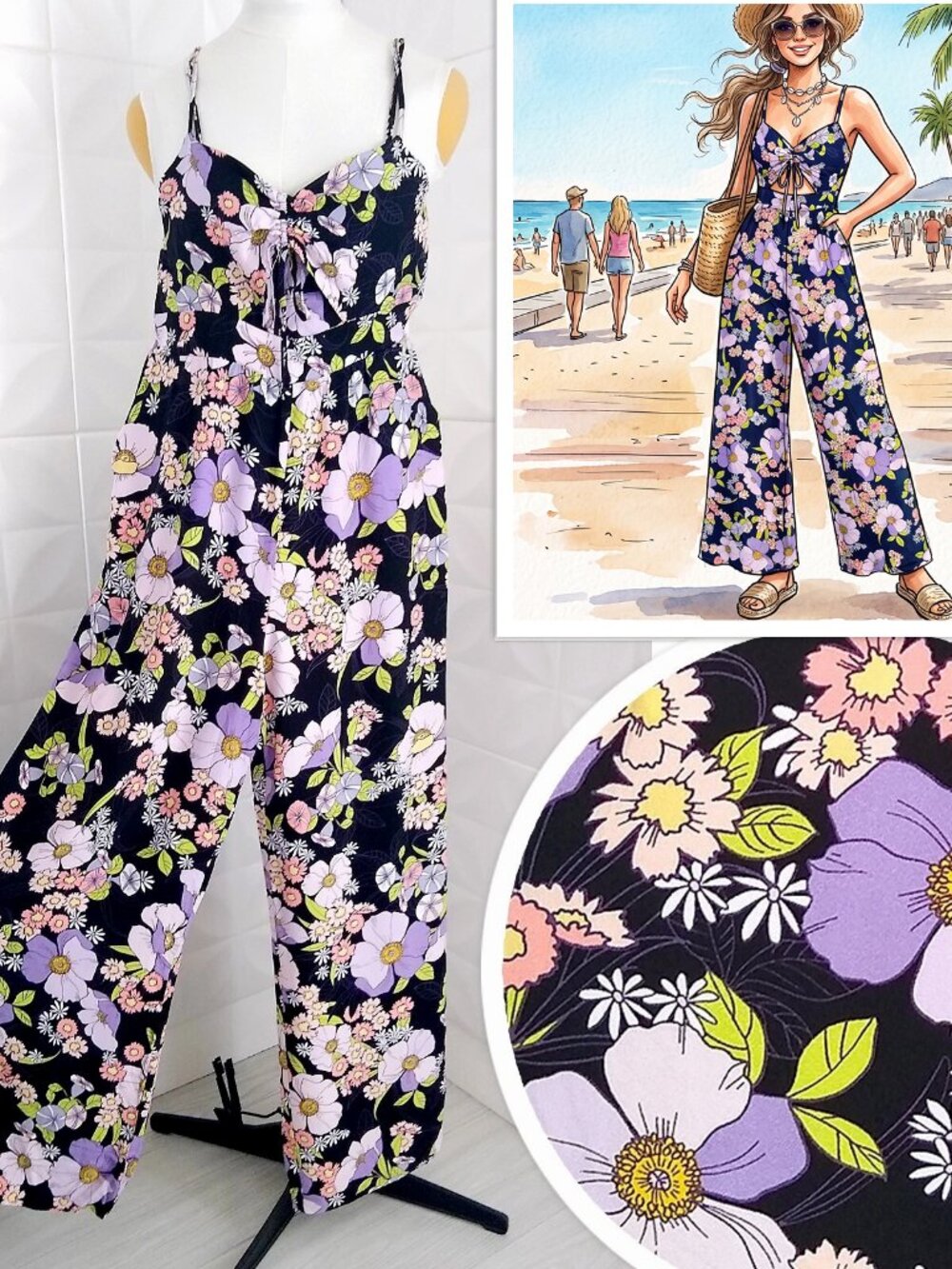 AFRM Floral Cut Out Jumpsuit Wide Leg Sleeveless Boho Noir Summer Bouquet L